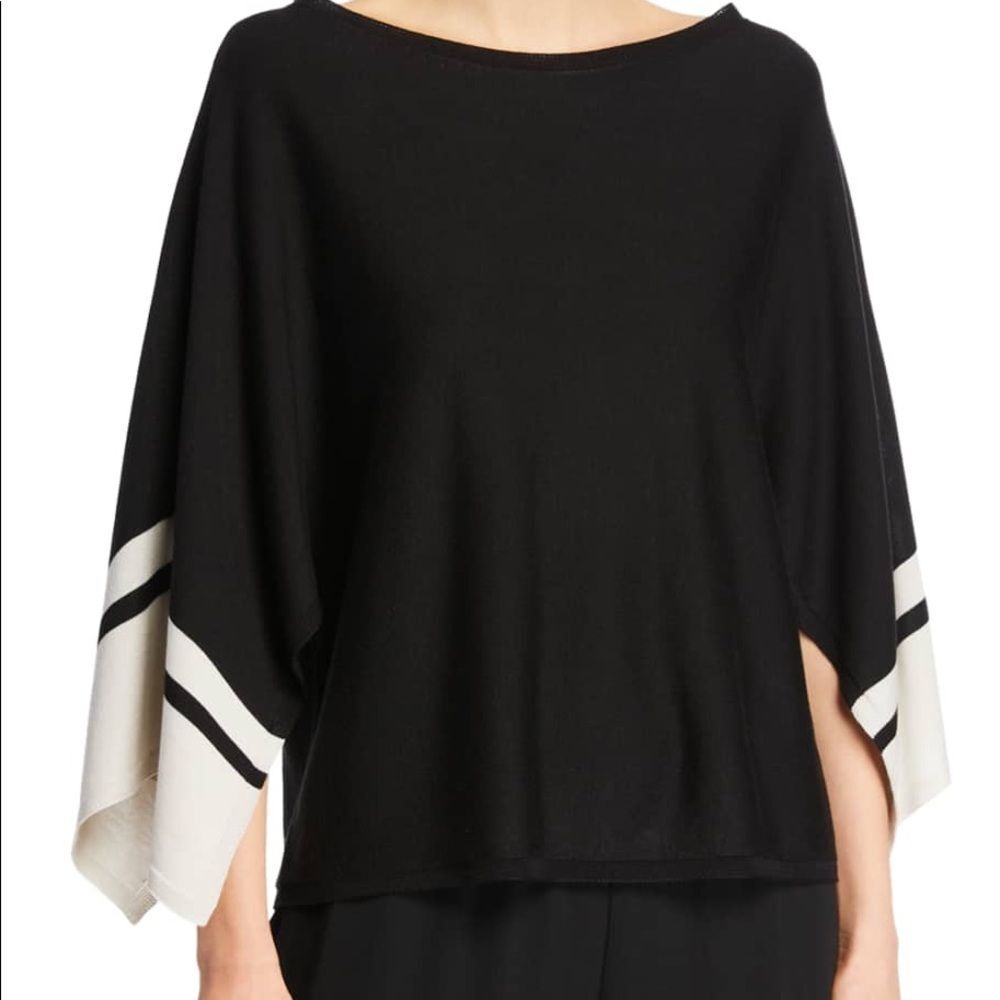 Eileen Fisher Bateau Neck Sweater Tencel Silk XL Black Striped EUC